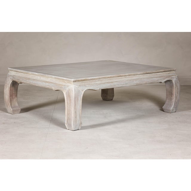 Teak Ming Style Whitewash Coffee Table with Chow Legs and Carved Apron For Sale - Image 11 of 12