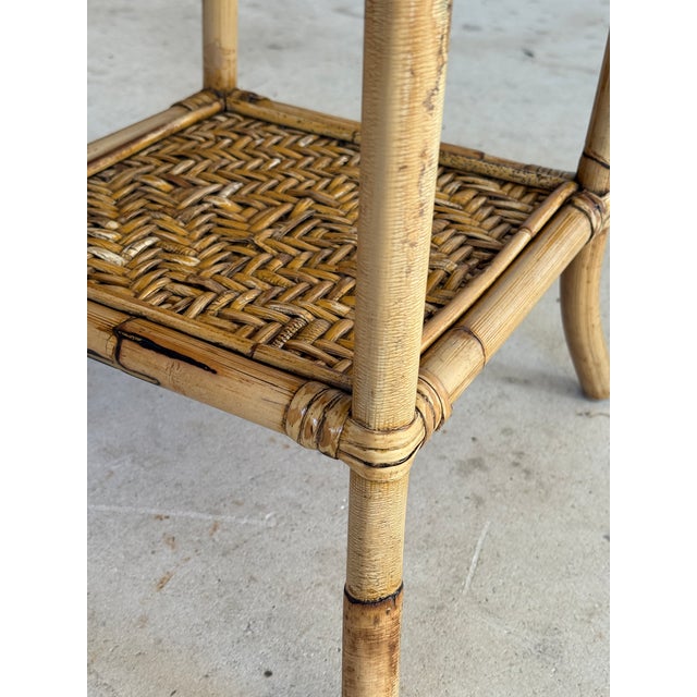 Mid 20th Century Vintage Coastal Rattan Fretwork Side Table With Woven Shelves For Sale - Image 5 of 12
