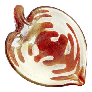 Vintage Murano Heavy Gold Flecks Ruby Red Heart Veins Italian Art Glass Decorative Leaf Shaped Bowl For Sale