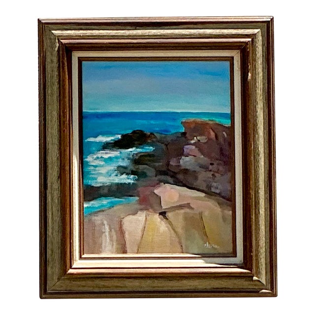 Vintage Boho Original Seascape Oil Painting on Canvas For Sale