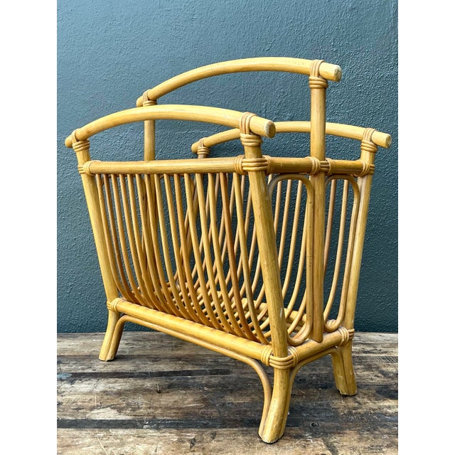 Vintage Coastal Rattan Newspaper Rack For Sale - Image 9 of 12