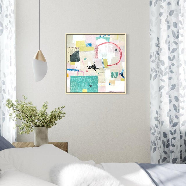 2020s Christiane Corcelle "Entering With Alfred" Mixed Media on Board, Framed Abstract Collage Painting in Teal and Blush, 2022 For Sale - Image 5 of 6