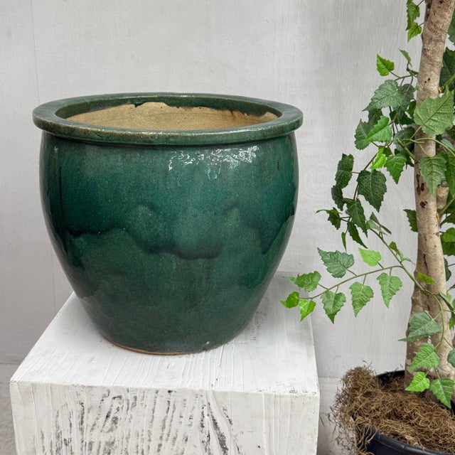 Rustic Hunan Green Glazed Round Ceramic Planter For Sale - Image 3 of 9