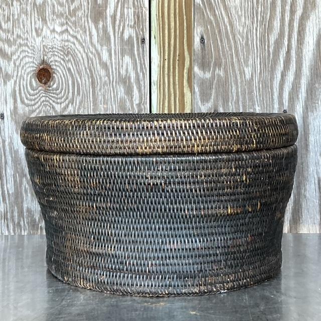 Vintage Boho Woven Rattan Lidded Basket For Sale - Image 4 of 6
