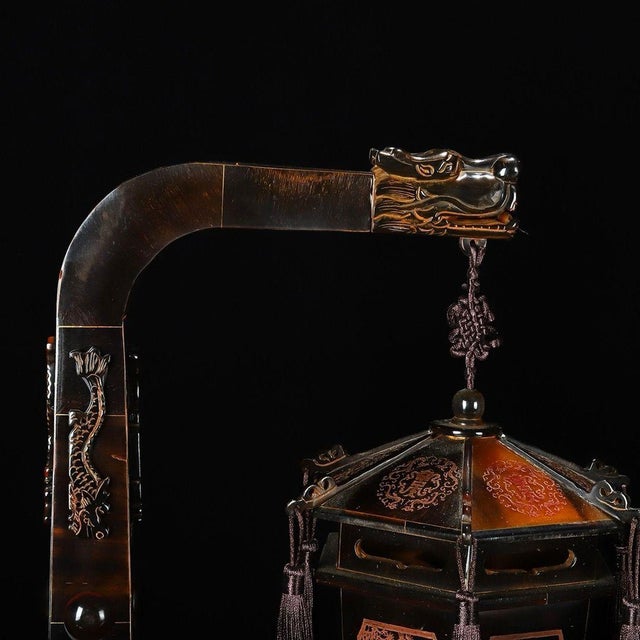 Pair of Vintage Carved Horn Hexagonal Lantern Ornaments With Stands For Sale - Image 4 of 9