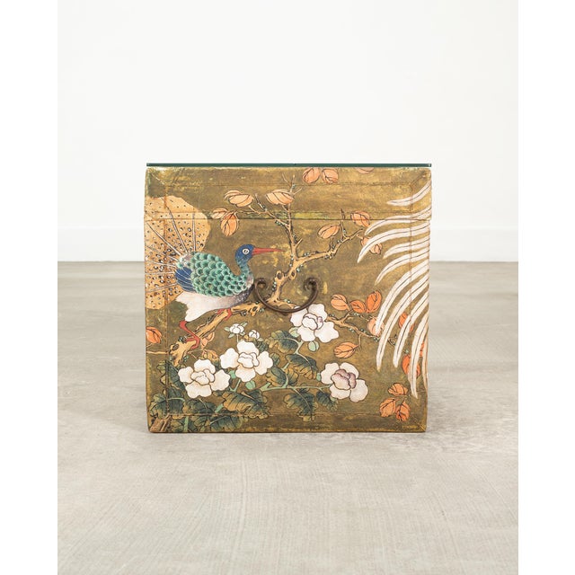 Asian Chinese Qing Style Painted Exotic Birds Leather Trunk Table For Sale - Image 3 of 17