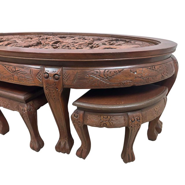 Mid-20th Century Chinese Massive Oval Carved Coffee Table With 6 Nesting Stools For Sale In Los Angeles - Image 6 of 12