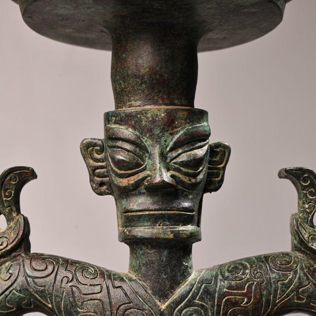 Bronze Vintage Archaic Bronze Human-Form Oil Lamp – Figural Beast Base For Sale - Image 8 of 9