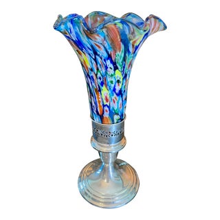 Vintage Silver Candlestick and Murano Glass Globe For Sale