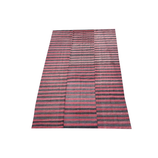 Late 20th Century Turkish Modern Handmade Striped Flatweave Textile Rug - 5′11″ × 9′10″ For Sale