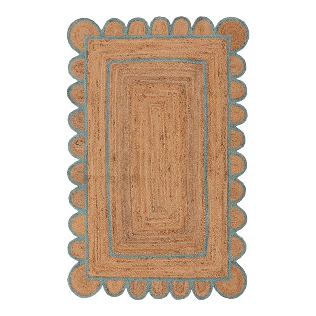 Scallop Jute Turquoise Blue Hand Made Rug - 4'x6' For Sale