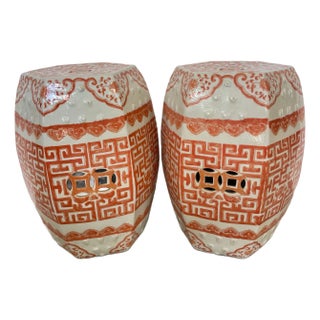 Pair Antique Asian Octagon Garden Stools, Off-White & Salmon Color, Hong Kong For Sale