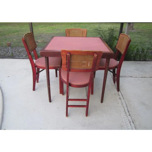 1950s Vintage Mid-Century Stakmore Card Table 4 Folding Cane Back Chairs Red Set of 5 For Sale - Image 12 of 12