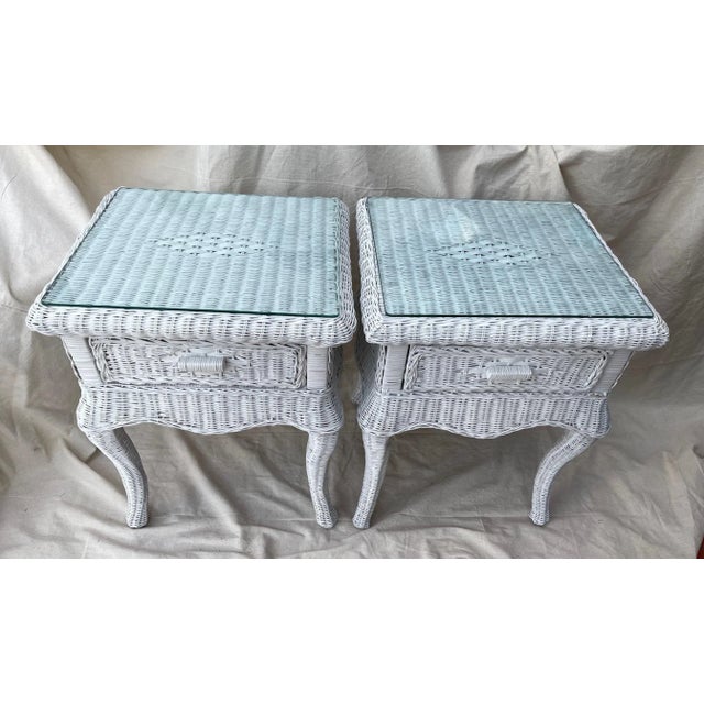 White Vintage Henry Link Style White Woven Rattan/Wicker Glass Top Side Tables - a Pair For Sale - Image 8 of 8