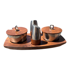 Mid Century Arthur Salm as Lazy Susan Stainless Steel and Teak Tray With Condiment Containers