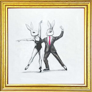 Whimsical Original Oil Painting of Two Bunnies Ballet Dancing by Max and Alma