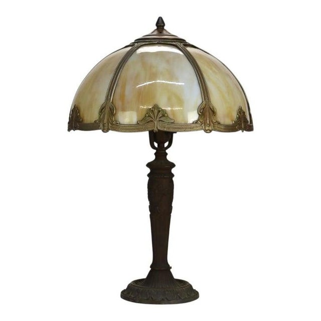 Bradley Hubbard 1920s Arts & Crafts Era Bradley & Hubbard Style 6-Panel Slag Glass Lamp For Sale - Image 4 of 14
