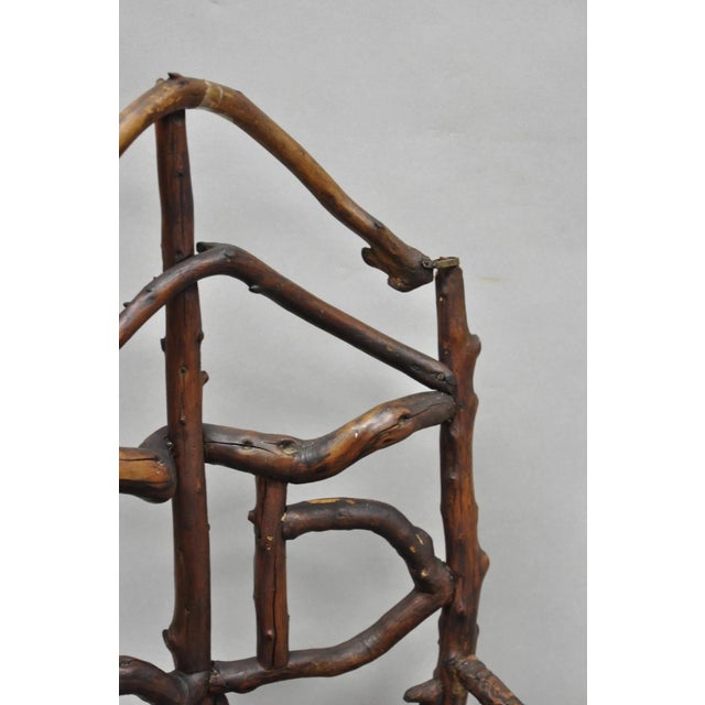 Antique Folk Art Handmade Wooden Twig Branch Adirondack Small Childs Chair For Sale - Image 9 of 14
