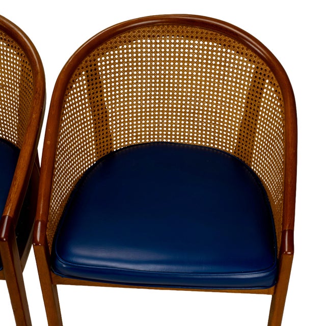 1970s Set of 4 Bent Oak & Cane Tub Chairs on Casters W/ Royal Blue Cushions in the Manner of Ward Bennett For Sale - Image 10 of 18