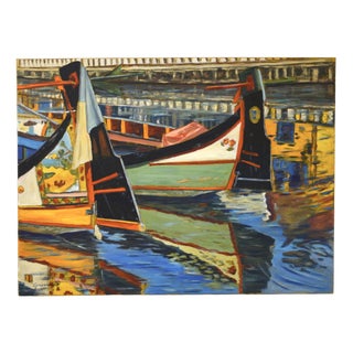Aveiro Moliceiros, Boats, Portugal, 2002, Oil on Canvas For Sale