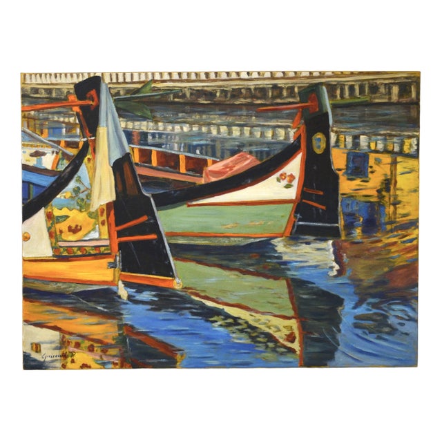Aveiro Moliceiros, Boats, Portugal, 2002, Oil on Canvas For Sale