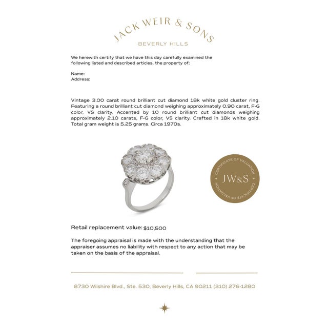 Metal Vintage 3.00 Carat Round Brilliant Cut Diamond 18k White Gold Cluster Ring, Size 6 For Sale - Image 7 of 7