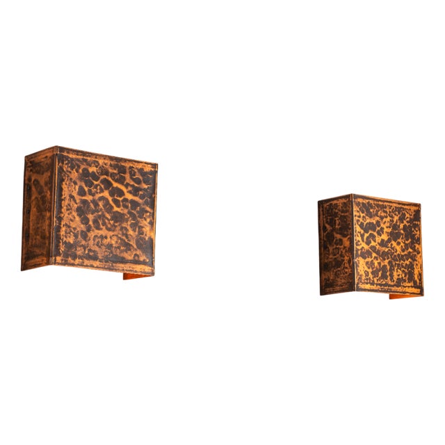 Square Textured Brass Wall Lamps, 1970s, Set of 2 For Sale