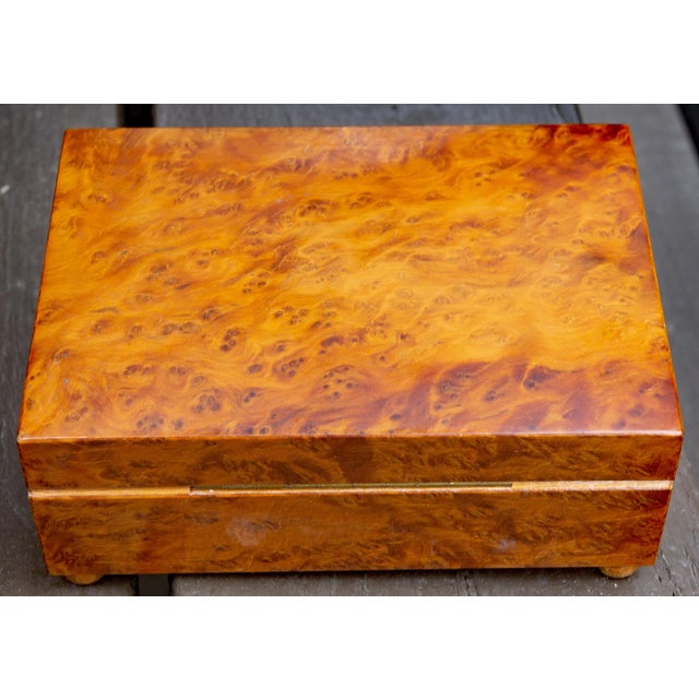 Traditional Swiss Mechanical Russian Olive Burl Wood Walnut Music and Trinket Box For Sale - Image 3 of 6