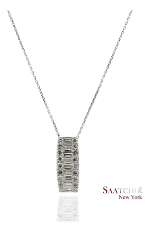 Solid Platinum 900 Baguette & Round Cut Natural Diamond Pendant Necklace