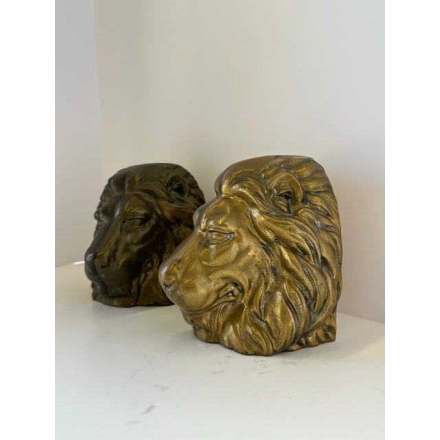 Metal Pair of Vintage Hollywood Regency Brass Lion Head Bookends or Bookshelf Decor For Sale - Image 7 of 8