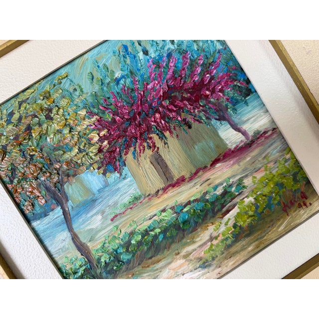 1990s Vintage Impressionist Countryside Landscape Oil on Masonite Painting, Signed and Framed For Sale - Image 5 of 12