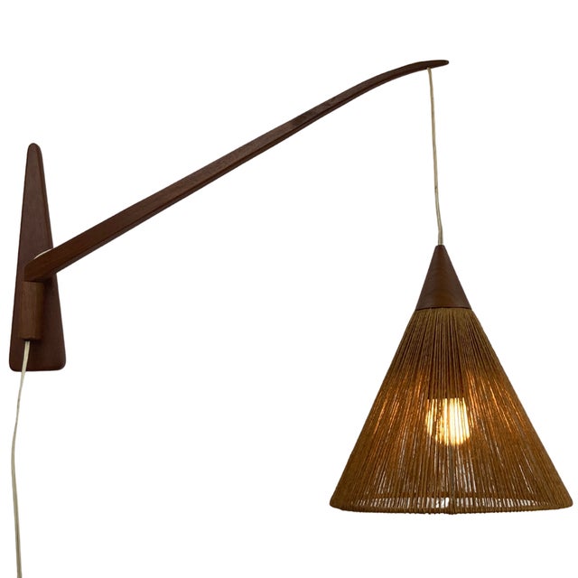 Brown Teak Sisal and Brass Arc Swing Wall Lamps attributed to Temde, Switzerland, 1960s, Set of 2 For Sale - Image 8 of 18