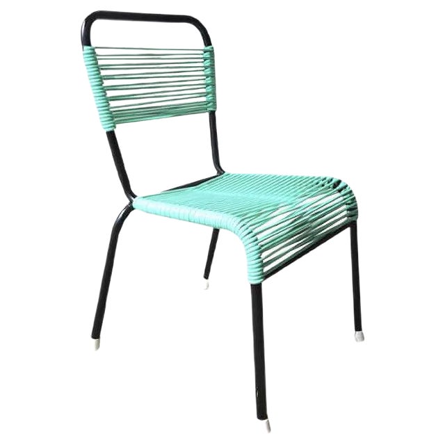 Vintage Aquamarine Green PVC Laces and Black Tubular Metal Childrens Chair, 1970s For Sale