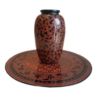 Hand Carved Burmese Lacquerware Vessel With Matching Tray – Unused – Wedding Gift Provenance For Sale