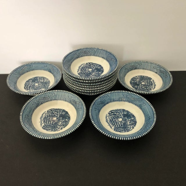 Currier & Ives Scene Dessert Bowls (11) Blue/White For Sale - Image 4 of 7