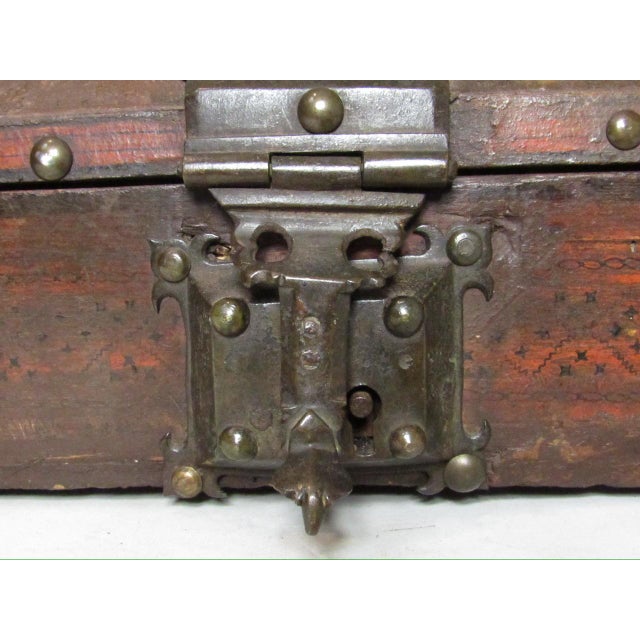Wood Antique Indian Iron Bound and Lacqured Dowry or Jewelry Box For Sale - Image 7 of 12