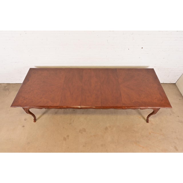 Baker Furniture French Provincial Louis XV Cherry and Burl Wood Extension Dining Table, Newly Refinished For Sale In South Bend - Image 6 of 13