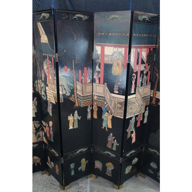 Chinese Coromandel Black Lacquer 8 Panel Folding Screen Room Divider 128" For Sale - Image 4 of 17