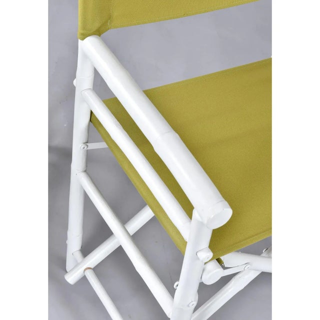 Set of 4 Vintage White Rattan Bamboo Canvas Sling Folding Directors Chairs For Sale - Image 11 of 16