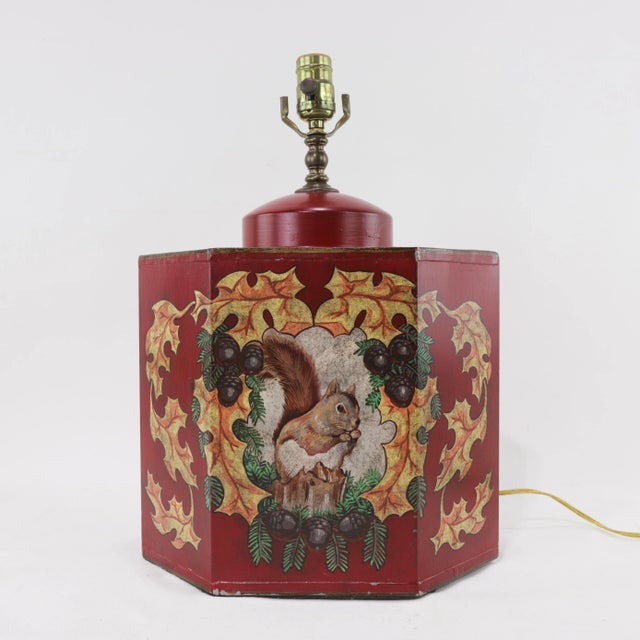 Vintage Colorful Hand-Painted Autumn Squirrel Hexagonal Tea Can Table Lamp For Sale - Image 11 of 11