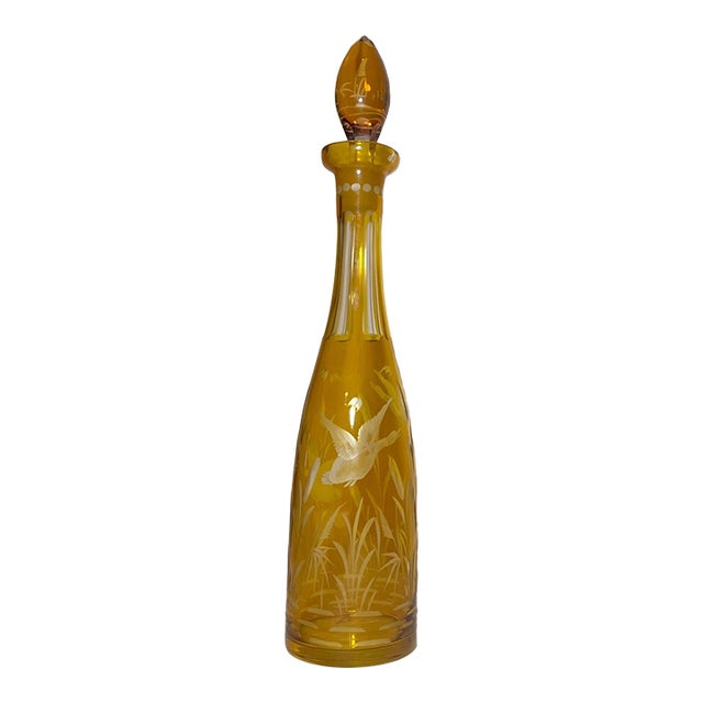 Antique Yellow Cut to Clear Czech Bohemian Crystal Glass Liquor Decanter Bottle For Sale