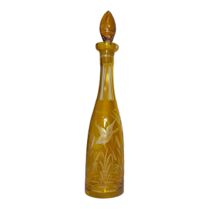 Antique Yellow Cut to Clear Czech Bohemian Crystal Glass Liquor Decanter Bottle