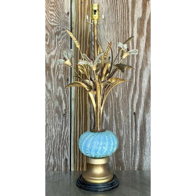Metal Vintage Regency Glass Floral Lamp After Murano For Sale - Image 7 of 7