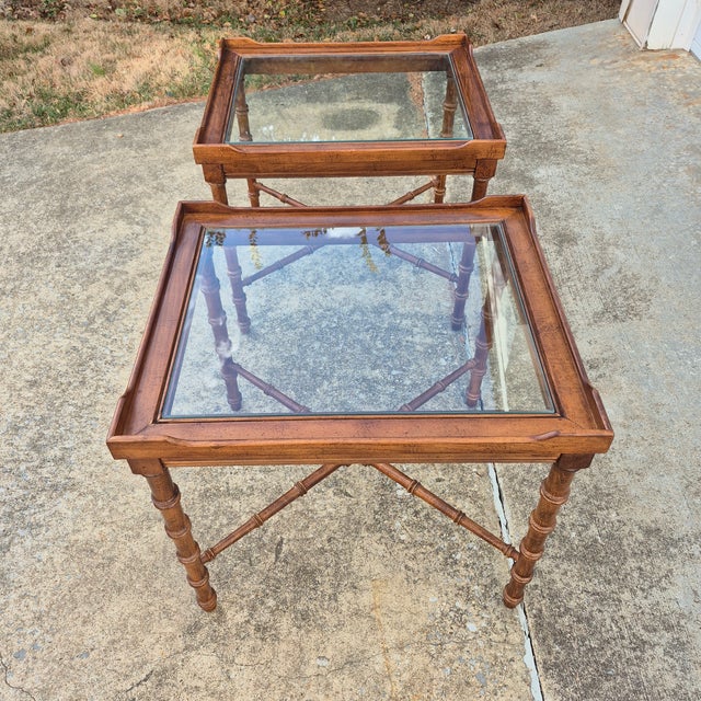 Mid-20th Century Vintage Lane Faux Bamboo Wood & Glass Side End Tables, a Pair For Sale In Washington DC - Image 6 of 13