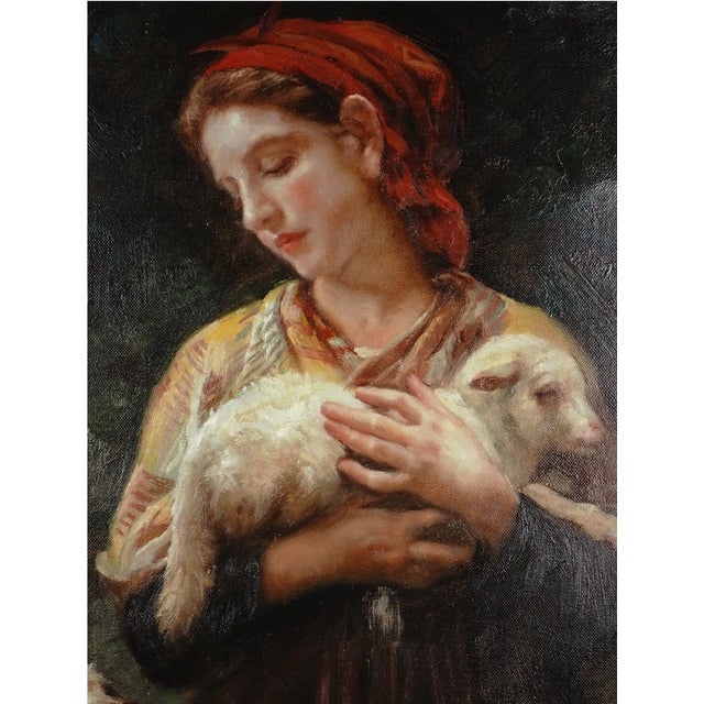 1980s 1980s Oil Painting After William Bouguereau "The Newborn Lamb" For Sale - Image 5 of 7