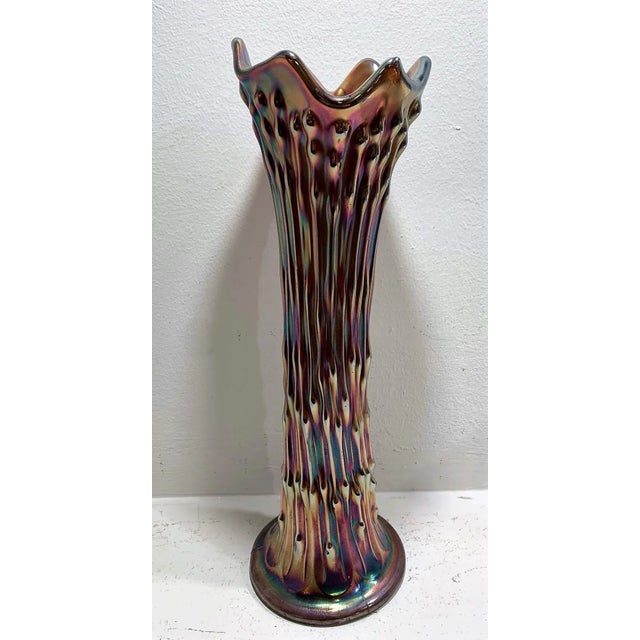 Glass vase Carnival glass in violet color with silver. English provenance. 28 cm H. Carnival glass is a molded or...