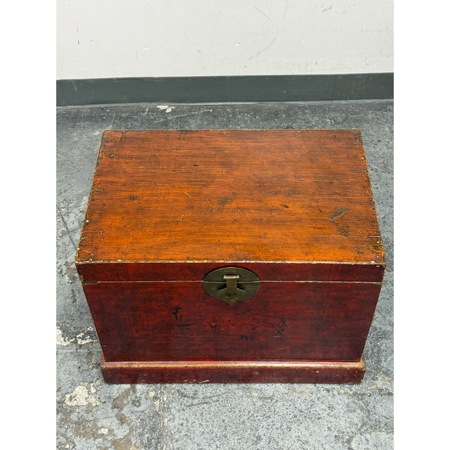 Wood Antique Chinese Red Lacquered Trunk For Sale - Image 7 of 12