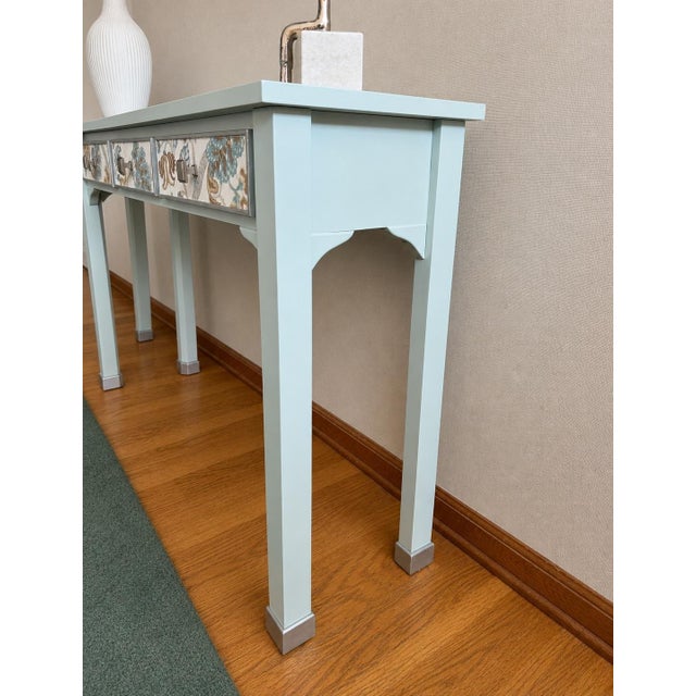 One-of-a-Kind Hand Painted Console Table | Entryway Table | Blue Console | Fabric Drawer Fronts | Cottage Luxe | French Country For Sale - Image 9 of 9