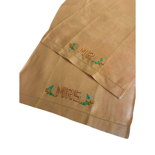 Vintage Mr & Mrs Embroidered Linen Towels Set Blush Apricot Monogram Floral Boudoir Hand Towels For Sale In Philadelphia - Image 6 of 12