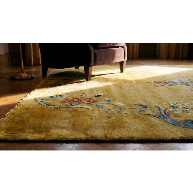 1920s Yellow Gold Floral Vase Antique Chinese Art Deco Carpet 8'8" X 11'4" Knotted Wool Rug For Sale - Image 14 of 15
